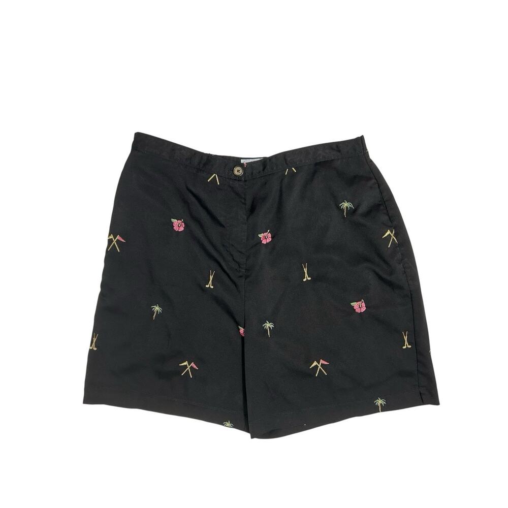 Coral Bay Golf Tropical Embroidered Shorts Size 16 Black Palm Tree Hibiscus